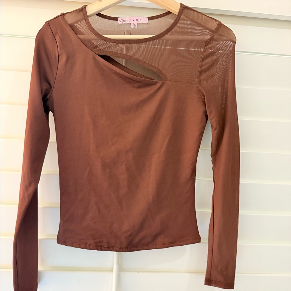 Crave Fame Elegant Brown Mesh Detail Top (Juniors)